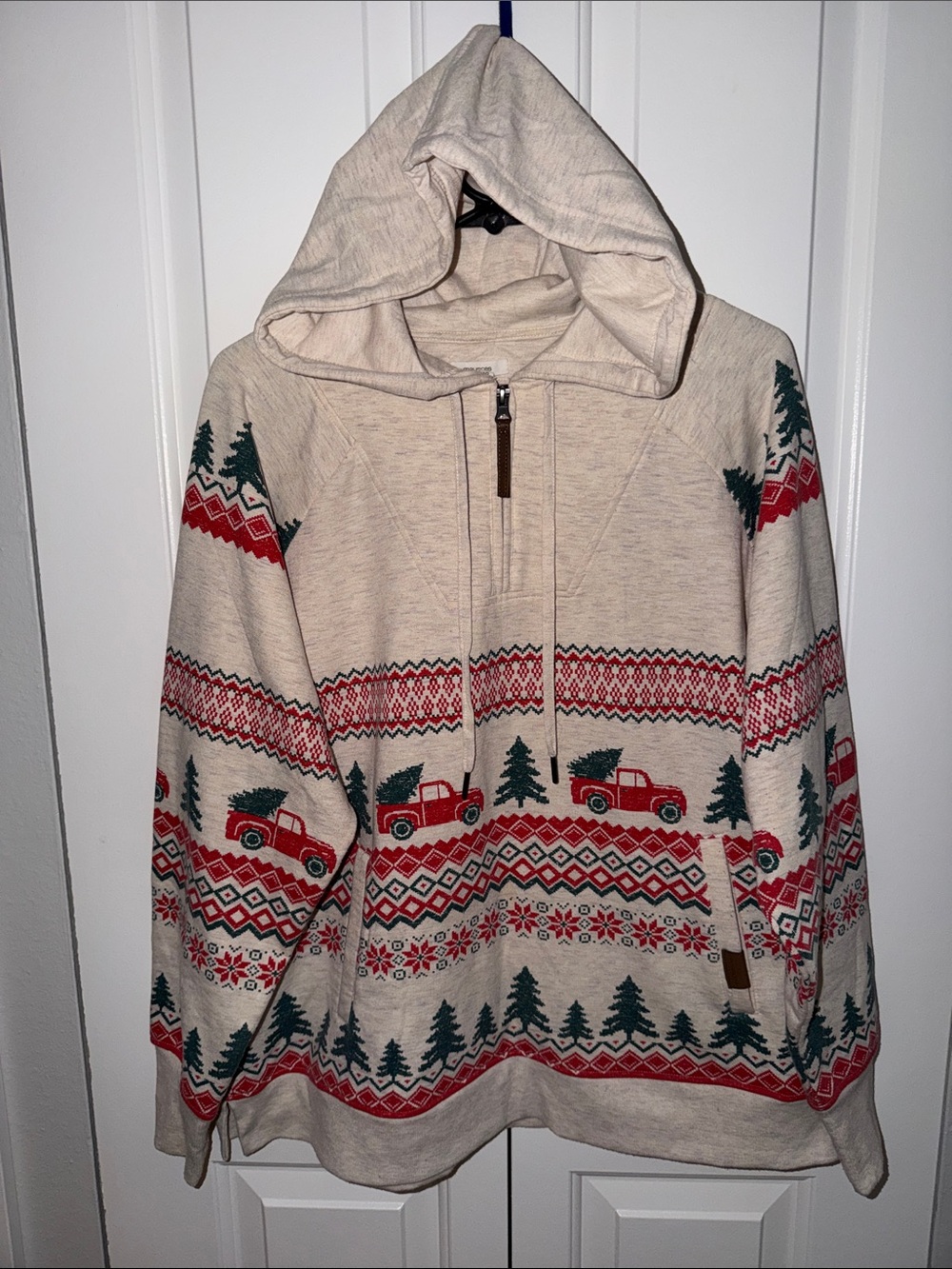 Maurices Cream Holiday Hooded Pullover with Red Truck and Green Tree Pattern